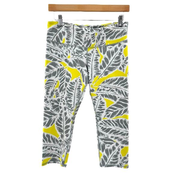 ALO Yoga Crop Leggings Womens M Mid Rise Gray Yellow Feather Stretch Skinny Pant - Picture 1 of 6